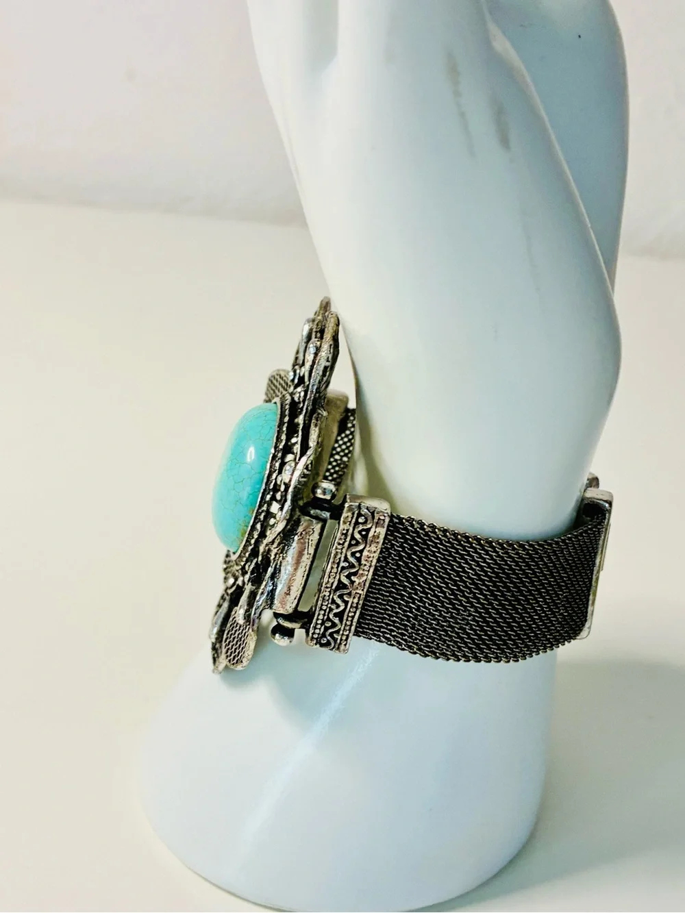 Faux Turquoise Center Floral Silver Bracelet - Women Jewelry Oversized Casual